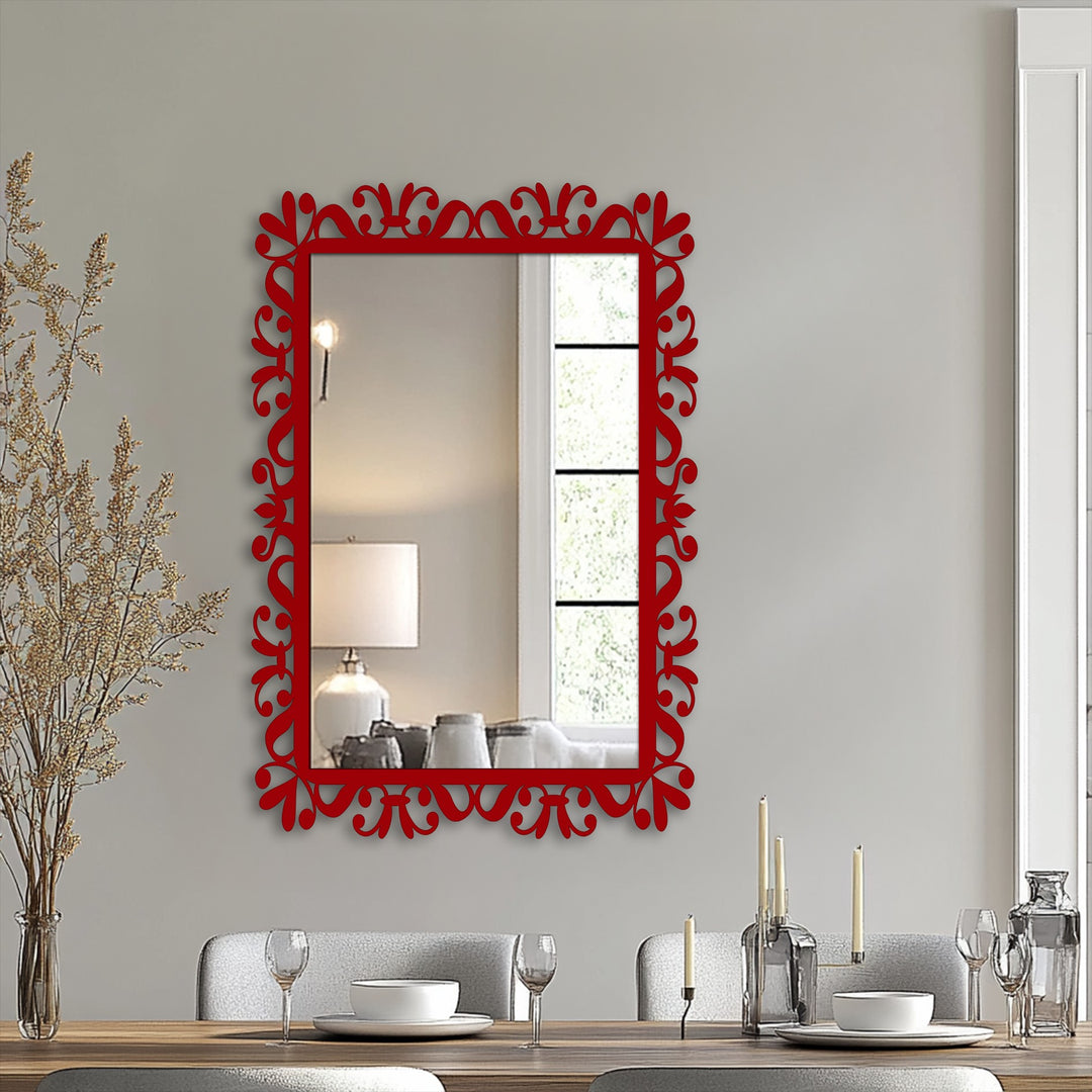 Seen in the background through the modern wall mirrors is a softly lit dining area interior with a window letting in light.