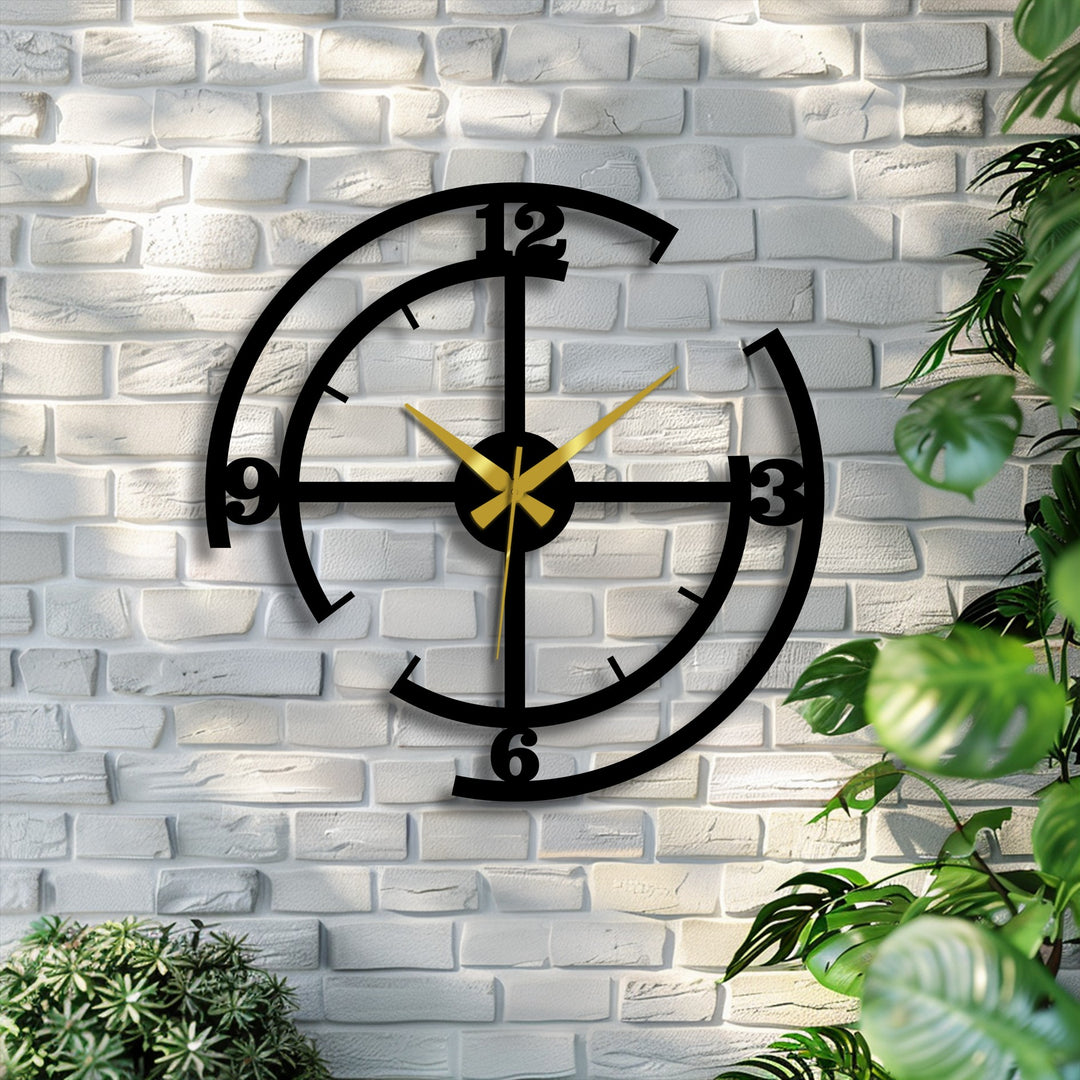 Sweeping golden hands create a dynamic sense of movement on this modern black geometric metal wall clock, making it a unique metal wall art piece.