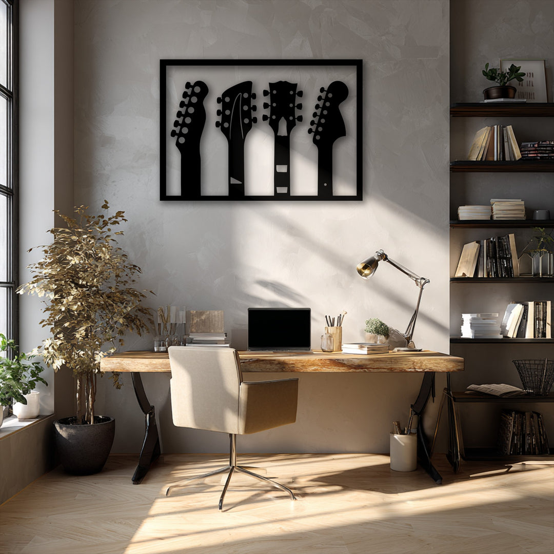 The warm color temperature of the sun-drenched room highlights the striking Guitar Headstock Silhouettes metal wall decor.