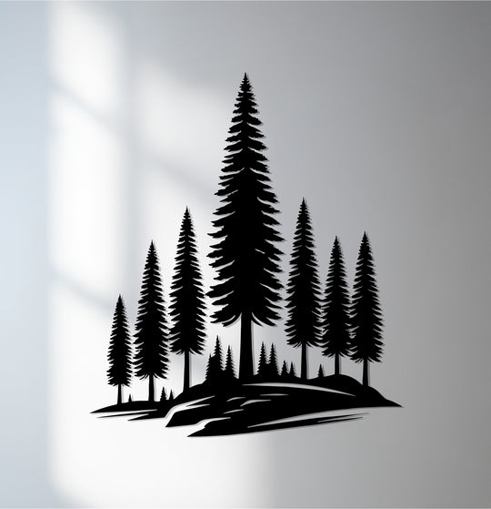 Matte black finish highlights the unique metal wall art of this mountain pine landscape, creating a nature forest silhouette perfect for home decoration.