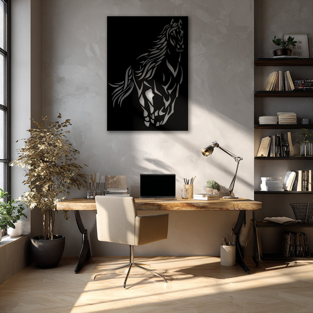 The dominant color black highlights a sleek metal wall decor piece featuring a dynamic wild spirit horse silhouette.