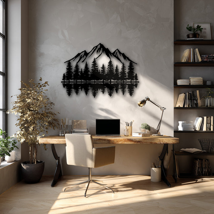 A serene and productive mood permeates the sunlit home office, beautifully accented by a striking mountain forest reflection metal artwork piece.