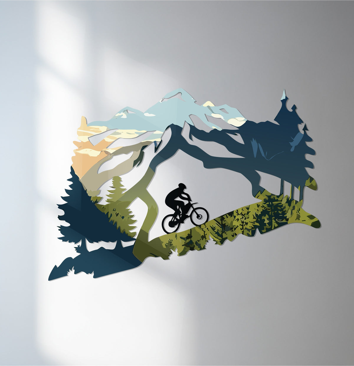 Foreground details showcase this metal wall art, featuring a mountain biker in an adventure landscape design perfect for adding unique decoration wall art to any space.