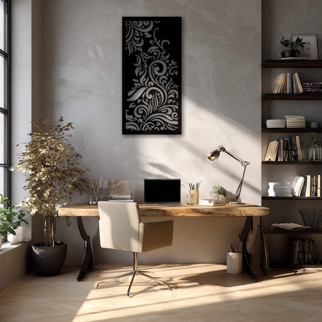 The realistic detail of the elegant ornamental floral swirl metal art for wall is beautifully showcased on a textured wall.