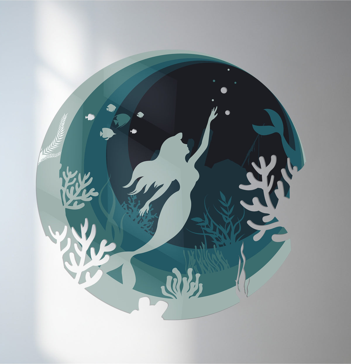 Ocean fantasy metal wall art showcasing a mermaid silhouette among vividly layered coral reefs, presenting a captivating metal wall decor with fantasy elements.