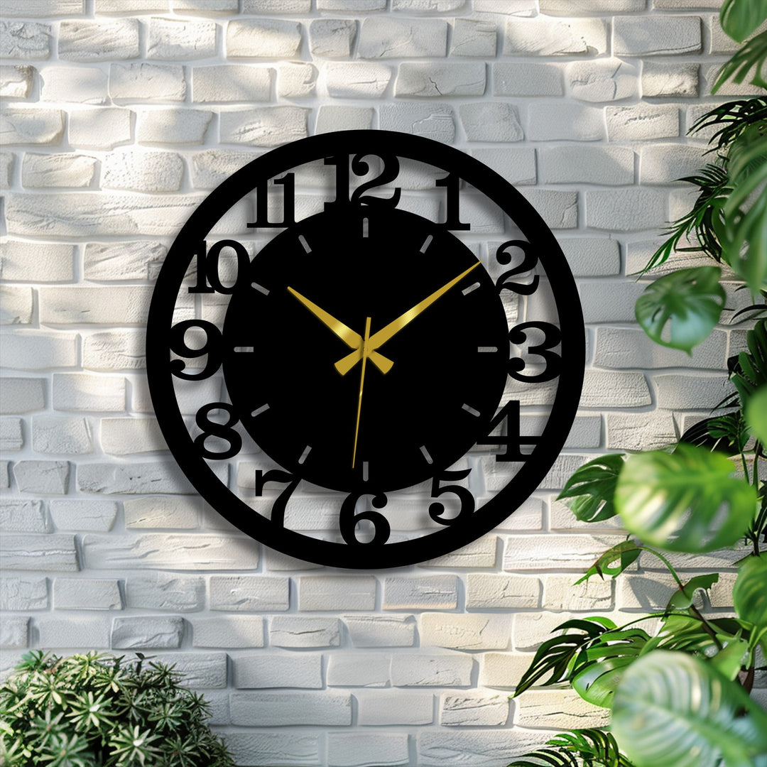 Round metal artwork featuring modern black numbered design, oriented for easy wall mounting as a stylish decorative wall clock.