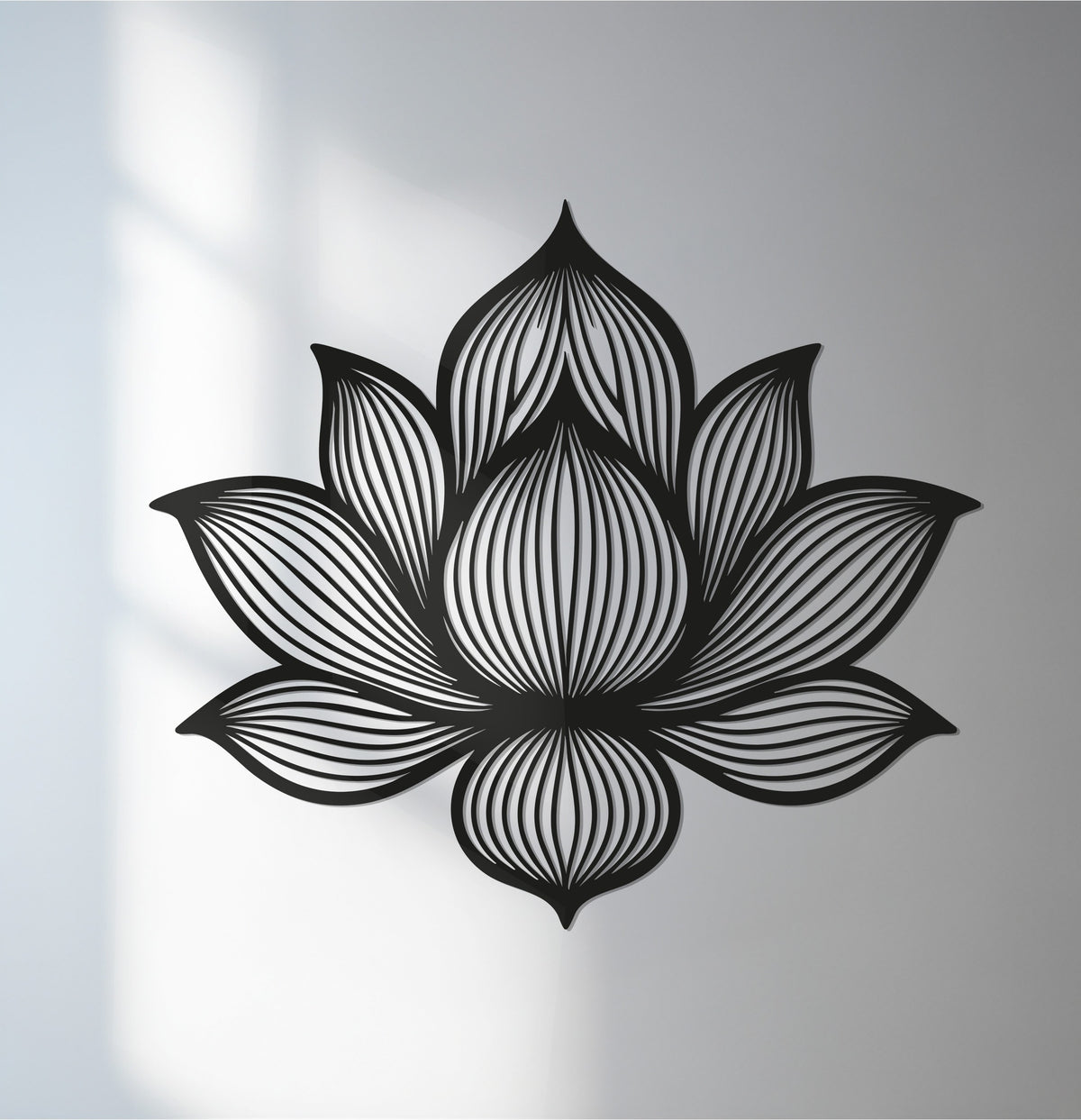 The serene mood of this modern black lotus flower metal art for wall piece evokes feelings of peace and tranquility through its sacred geometry design.