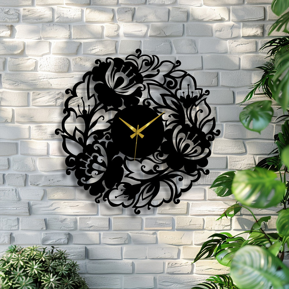 The visual rhythm of the ornate floral wreath metal wall clock's intricate patterns creates a graceful movement within this elegant metal wall decor.