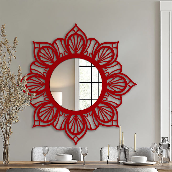 Stillness emanates from the mandala floral design of this elegant round decorative mirror, a beautiful piece of metal wall decor reflecting peaceful symmetry.