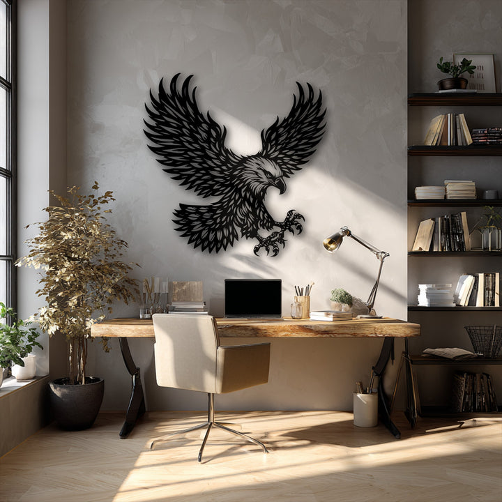 The abstract quality of this majestic eagle flight metal artwork captures the powerful bird's dynamic motion with intricate metalwork.
