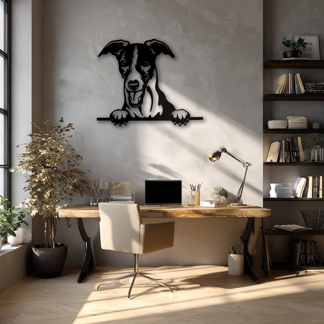 The inviting warm color temperature in this room highlights the curious puppy peeking metal wall decor above a rustic wooden desk.