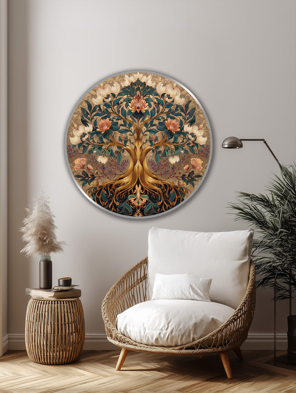 The ornate silver edge frames the decorative floral tree in this round oil painting wall art, enhancing its botanical details and adding a contemporary border.