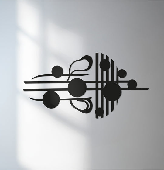 The brightest area illuminates decorative metal art in a modern musical notes design, casting a subtle shadow to enhance its depth.