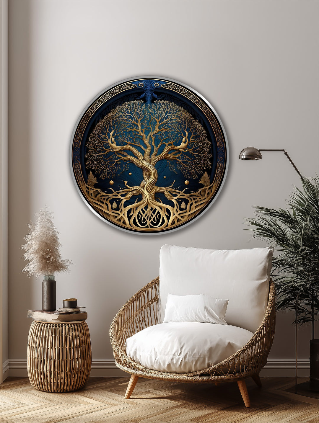 Depth and layers define this celestial roots golden tree of life round oil painting art piece, its intricate branches and roots adding striking dimension to the deep blue background.