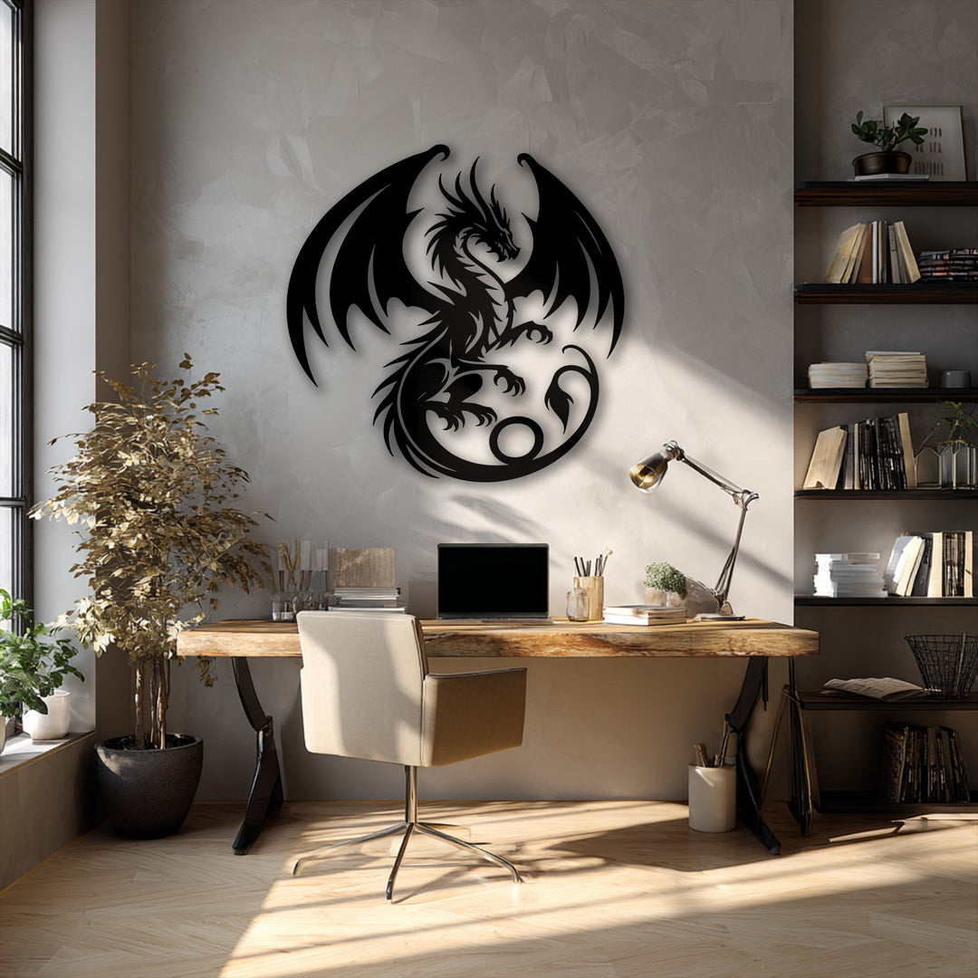 The majestic black dragon with fiercely spread wings dominates the wall as a striking metal artwork piece.