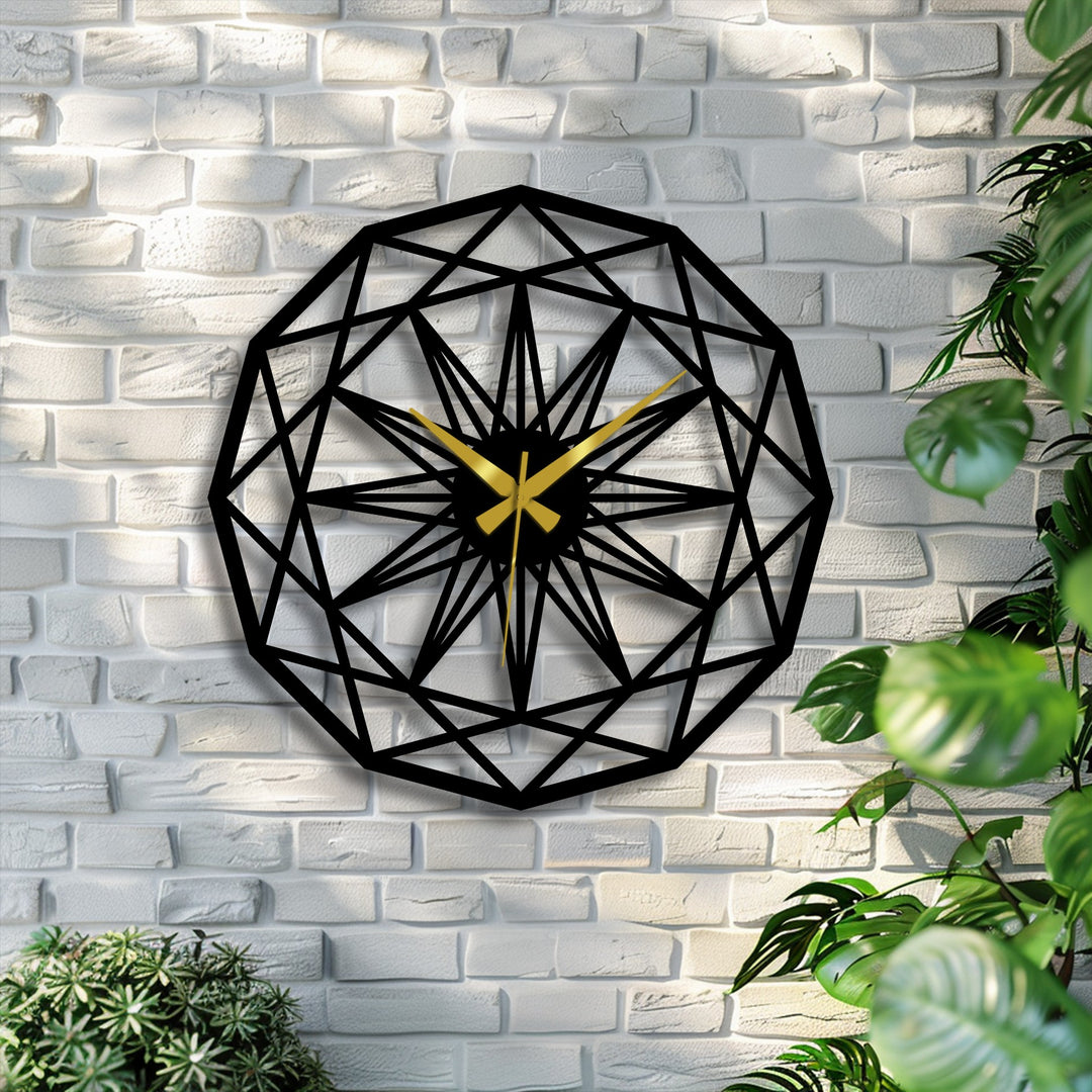 Illuminating the white brick wall, the geometric star pattern metal wall clock shows a fascinating unique metal wall art transition where light meets shadow.