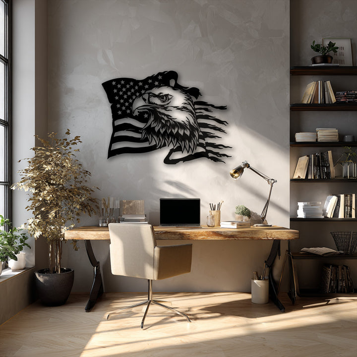 The primary tones of light gray and black beautifully showcase the patriotic Freedom Roar eagle and American flag metal wall decor.