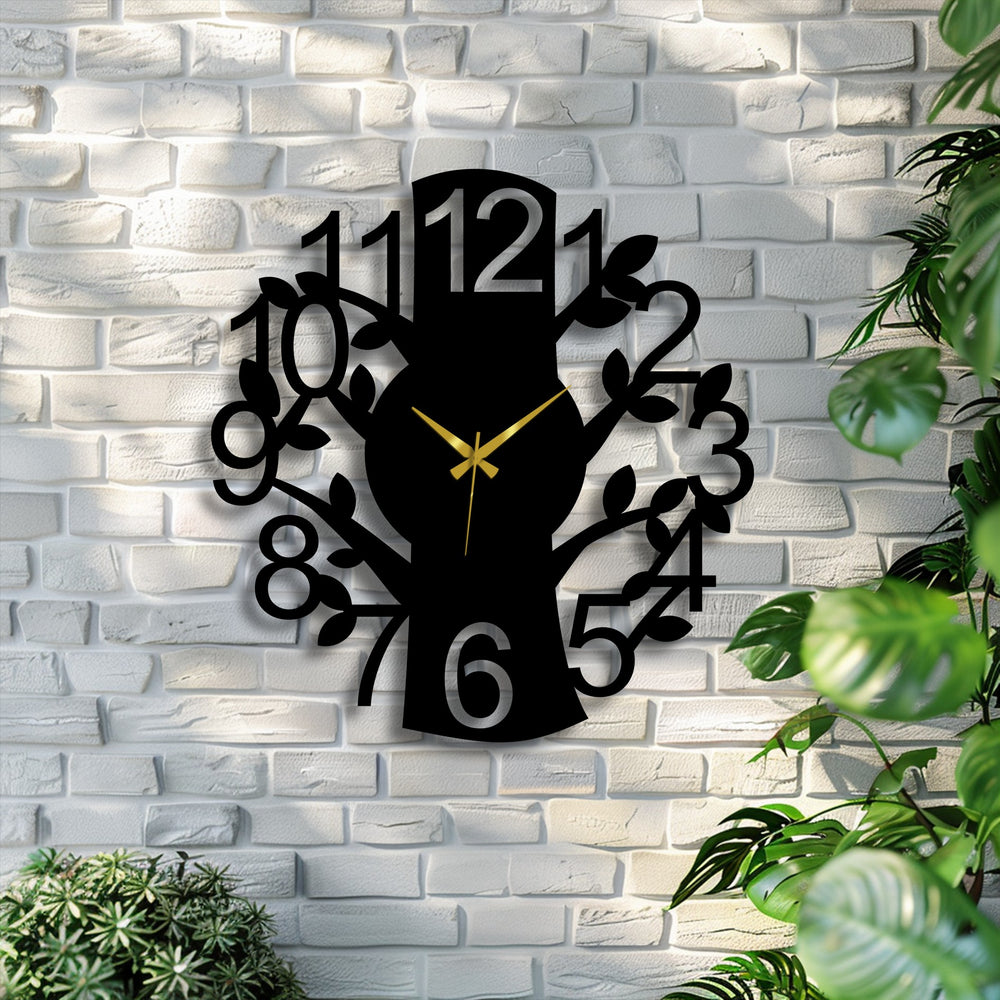 Layered, the nature branch metal wall clock's tree design showcases depth in metal artwork on the brick wall, creating a modern home decoration.