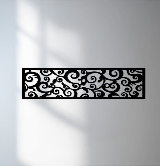 The realistic detail of this Artisan Swirl ornamental panel showcases intricate metal art for wall, highlighting the elegant scrollwork and laser-cut swirl designs.
