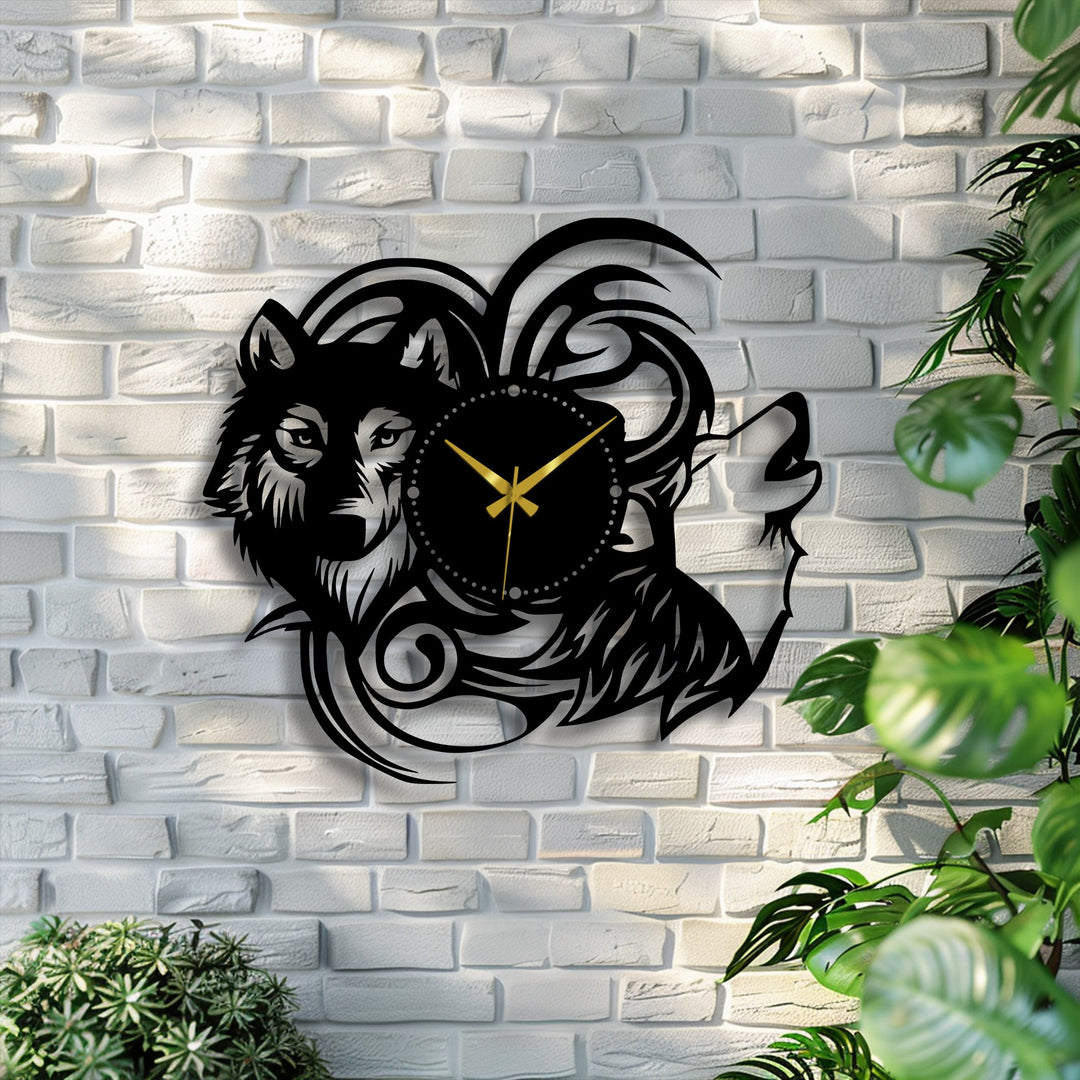 The stillness of the black wolf silhouette in this unique metal wall art clock is captured against a white brick wall, with its tribal animal design frozen in time.