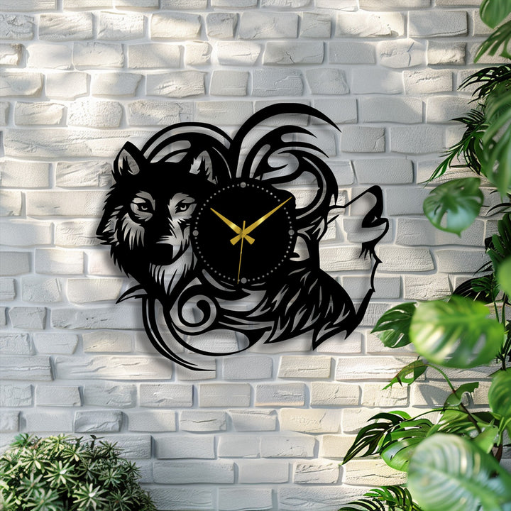 The stillness of the black wolf silhouette in this unique metal wall art clock is captured against a white brick wall, with its tribal animal design frozen in time.