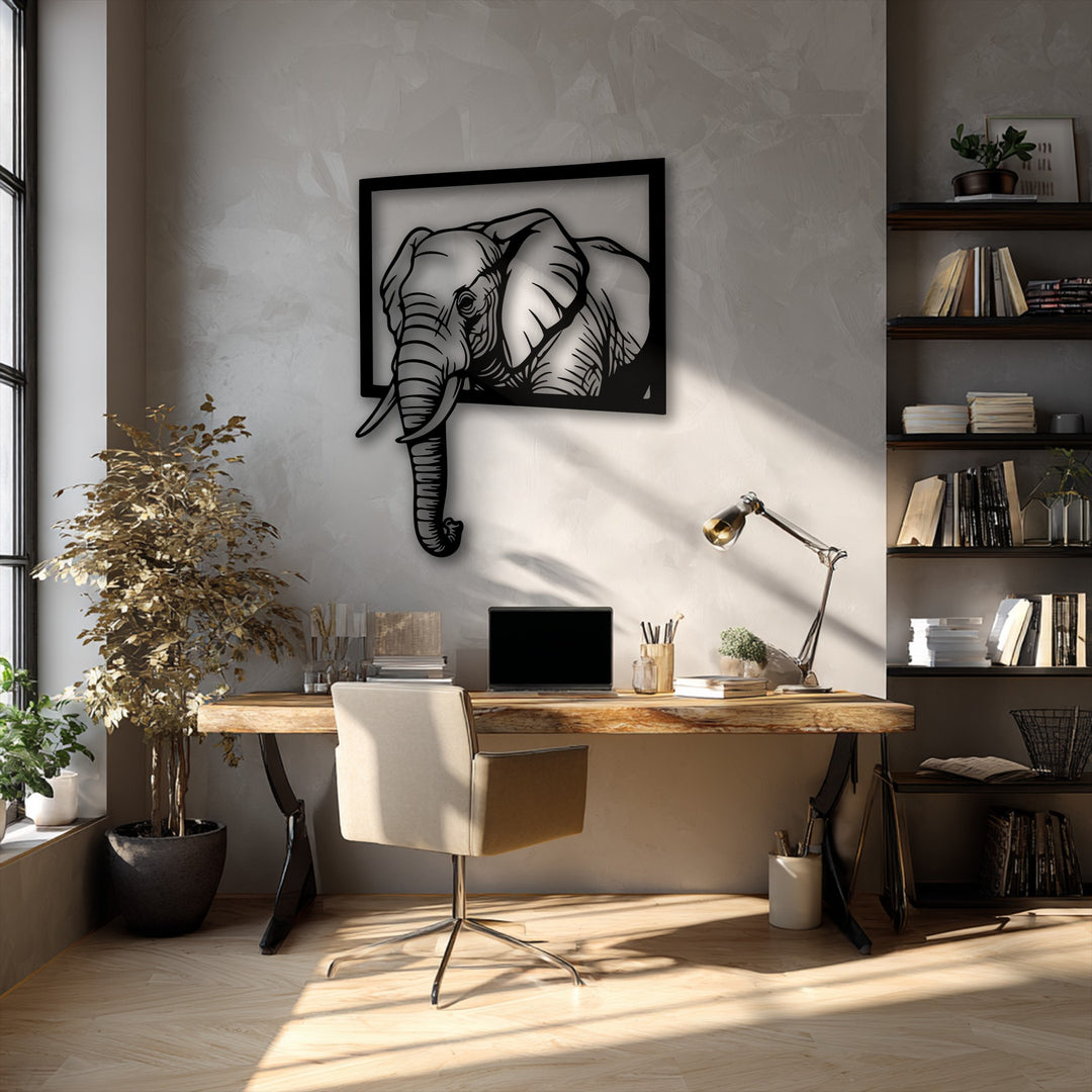 The layering effect of the black elephant metal wall decor creates a dynamic 3D appearance, emerging from its frame on a textured wall.