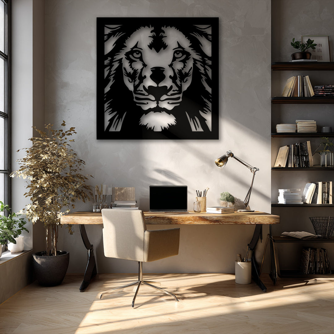 The bold, uniform surface texture of the geometric lion face decorative metal art showcases clean-cut lines and a sleek finish.