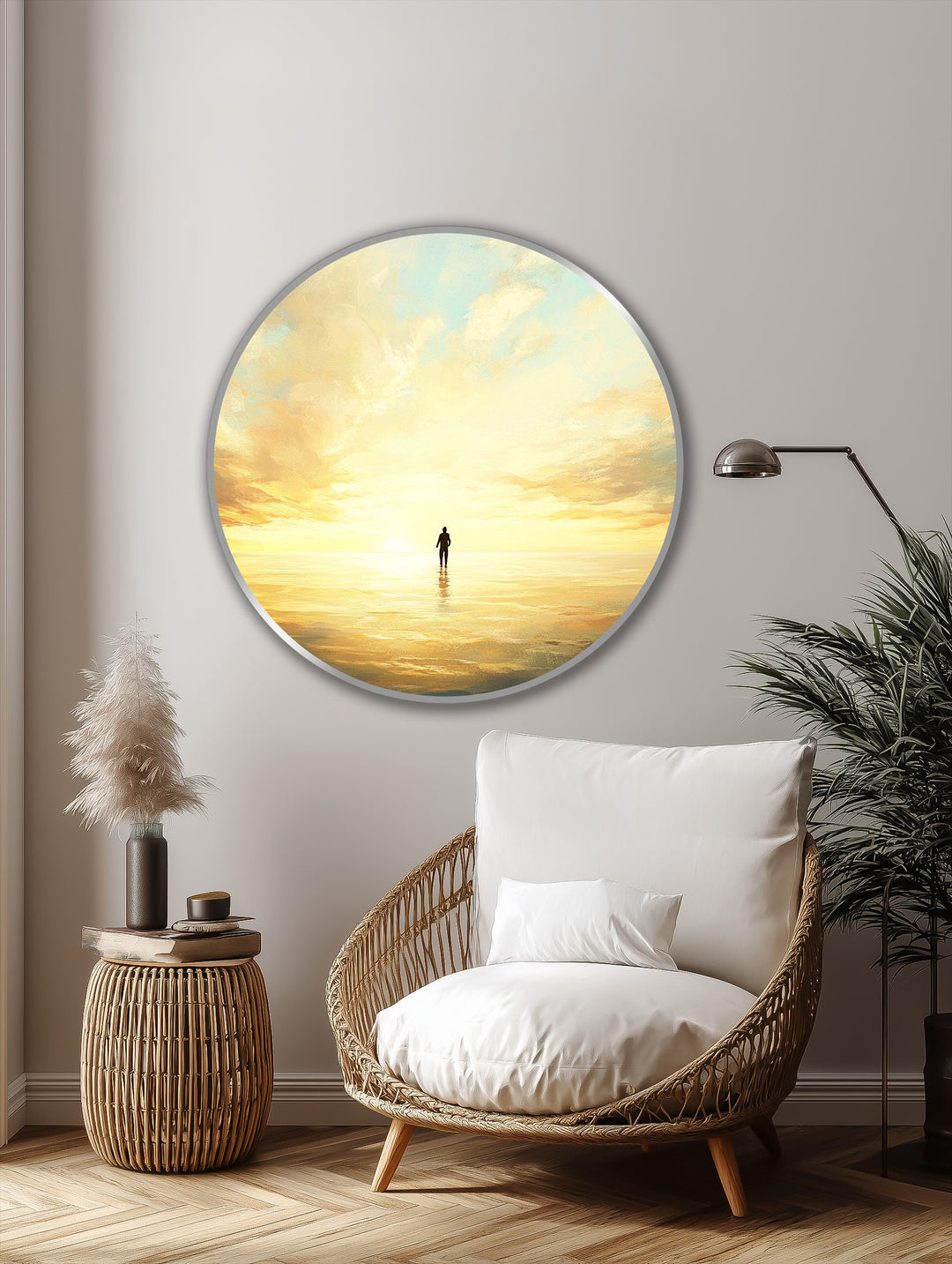 Central figure in a golden sunset reflection embodies solitude in this round oil painting decoration, bringing warmth and serenity to any living space.