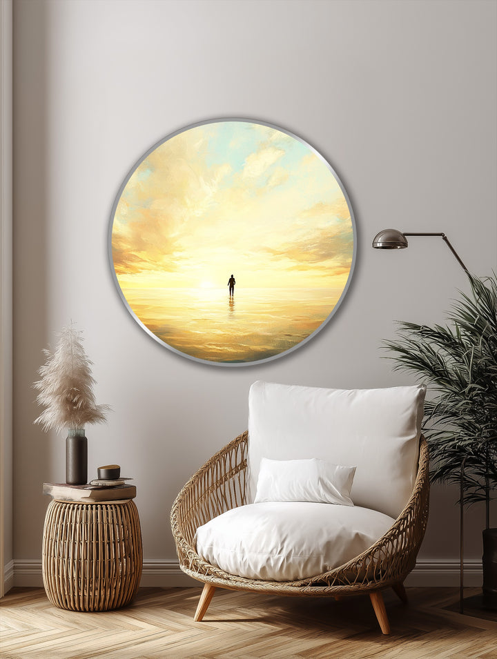 Central figure in a golden sunset reflection embodies solitude in this round oil painting decoration, bringing warmth and serenity to any living space.