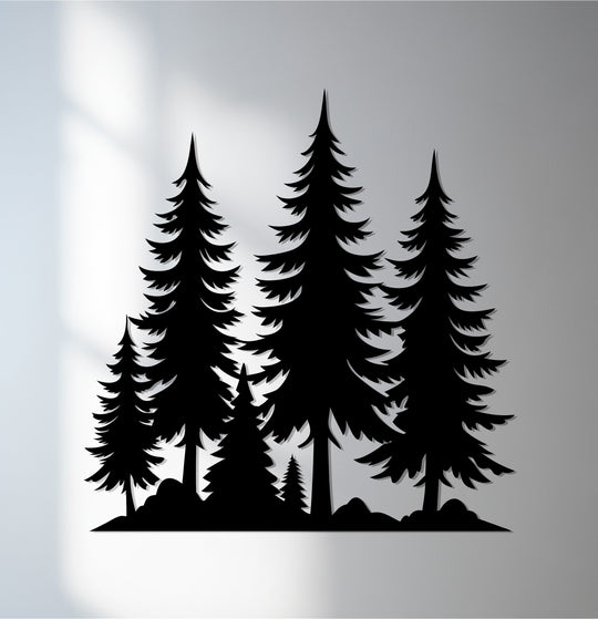 Laser-cut finish showcases the pine forest nature landscape silhouette as a piece of unique metal wall art.
