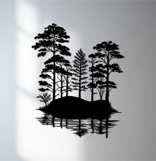 Subtle surface texture details enhance the handcrafted feel of this metal decoration wall art, showcasing a tranquil forest reflection in a nature landscape.