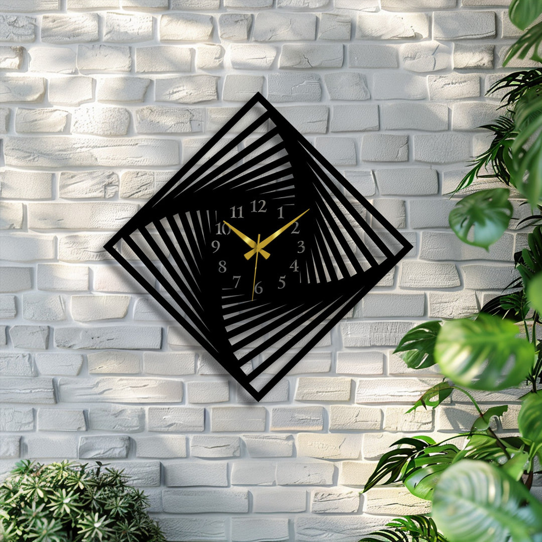 The striking focal point is a modern twisted square metal wall clock, a unique metal art for wall piece with gold hands on a white brick background.