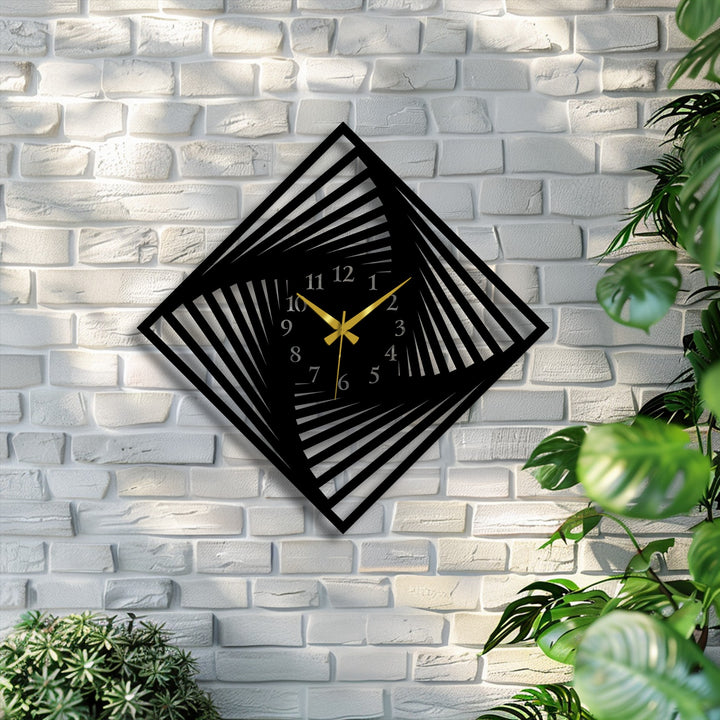 The striking focal point is a modern twisted square metal wall clock, a unique metal art for wall piece with gold hands on a white brick background.