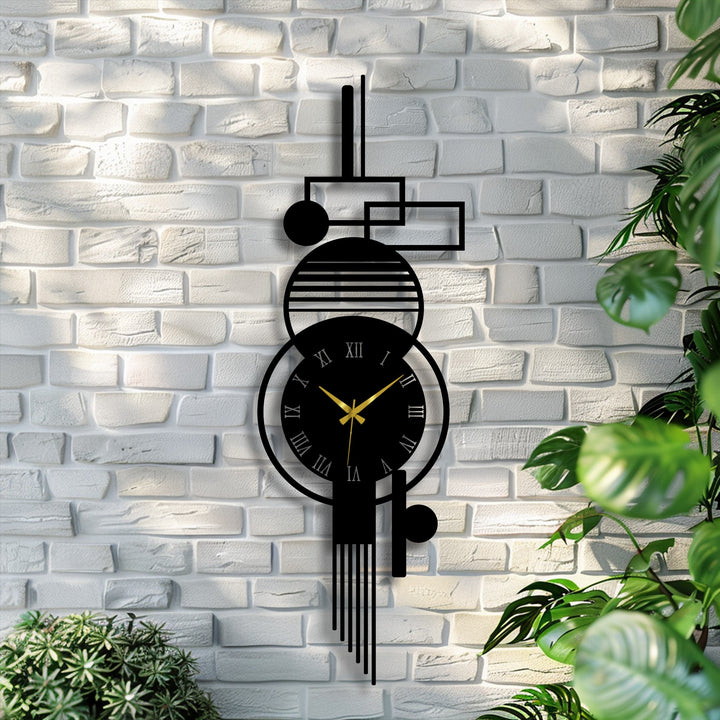 Limited color saturation enhances the sleek, matte black finish of this modern vertical abstract metal wall clock, a stylish example of metal wall decor.