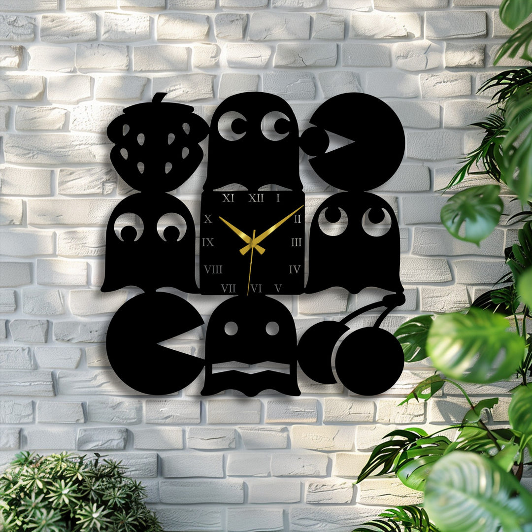 With intense color saturation, this unique metal wall art, a deep black retro arcade clock, contrasts the white brick and green plants.