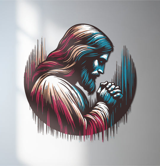 Contrasting brushed and scored surface texture highlights the praying figure in this spiritual Jesus praying metal artwork.