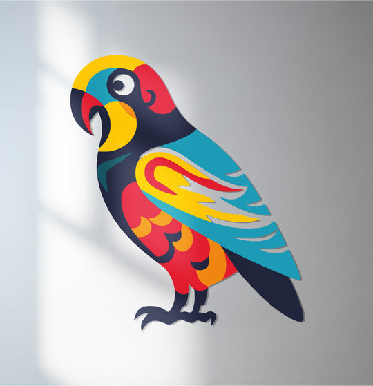 The decorative metal art shows a vibrant parrot where contrasting sections of yellow, red, and teal create a striking transition across its form.