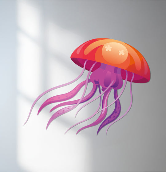 Depicting its smooth surface texture, this vibrant jellyfish metal artwork features subtle variations enhancing the colorful ocean-inspired design of the metal wall art.