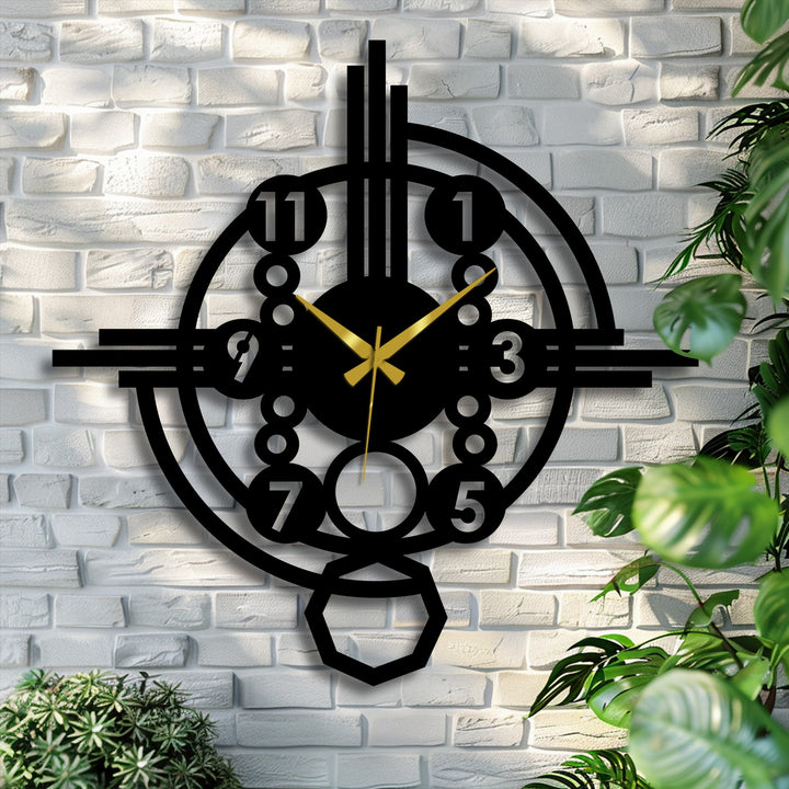 Showcasing the geometric elements, this decorative metal art wall clock features concentric circles, linear bars, and a central polygon, presenting a modern industrial gear style.