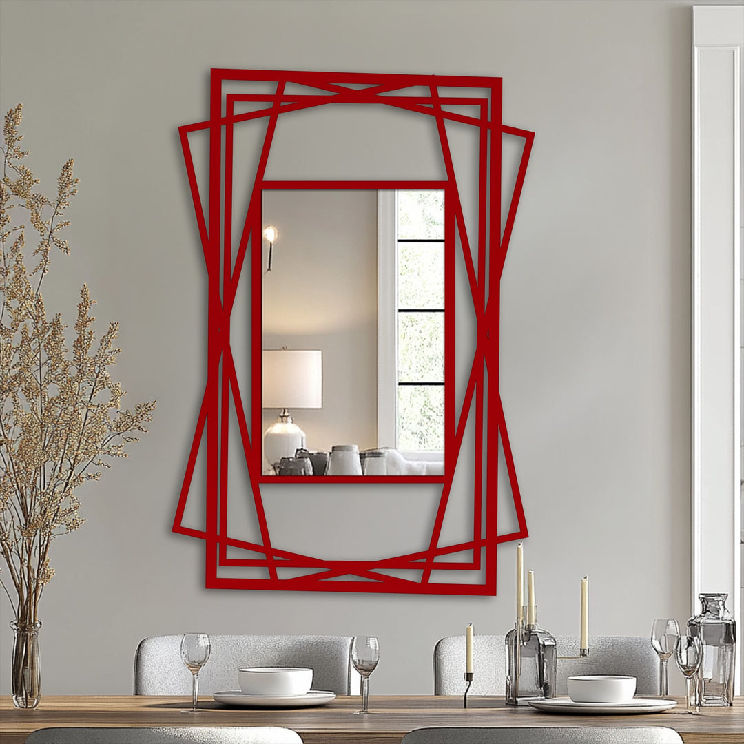 Visual rhythm defines this decorating with wall mirrors, where layered geometric frames create a modern pattern around the reflective glass.