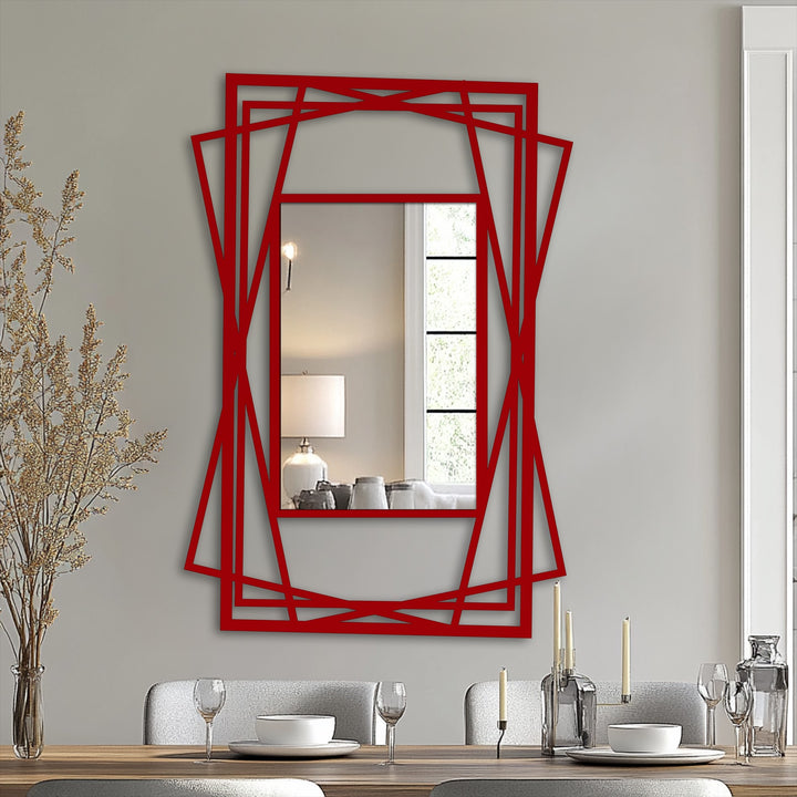 Visual rhythm defines this decorating with wall mirrors, where layered geometric frames create a modern pattern around the reflective glass.