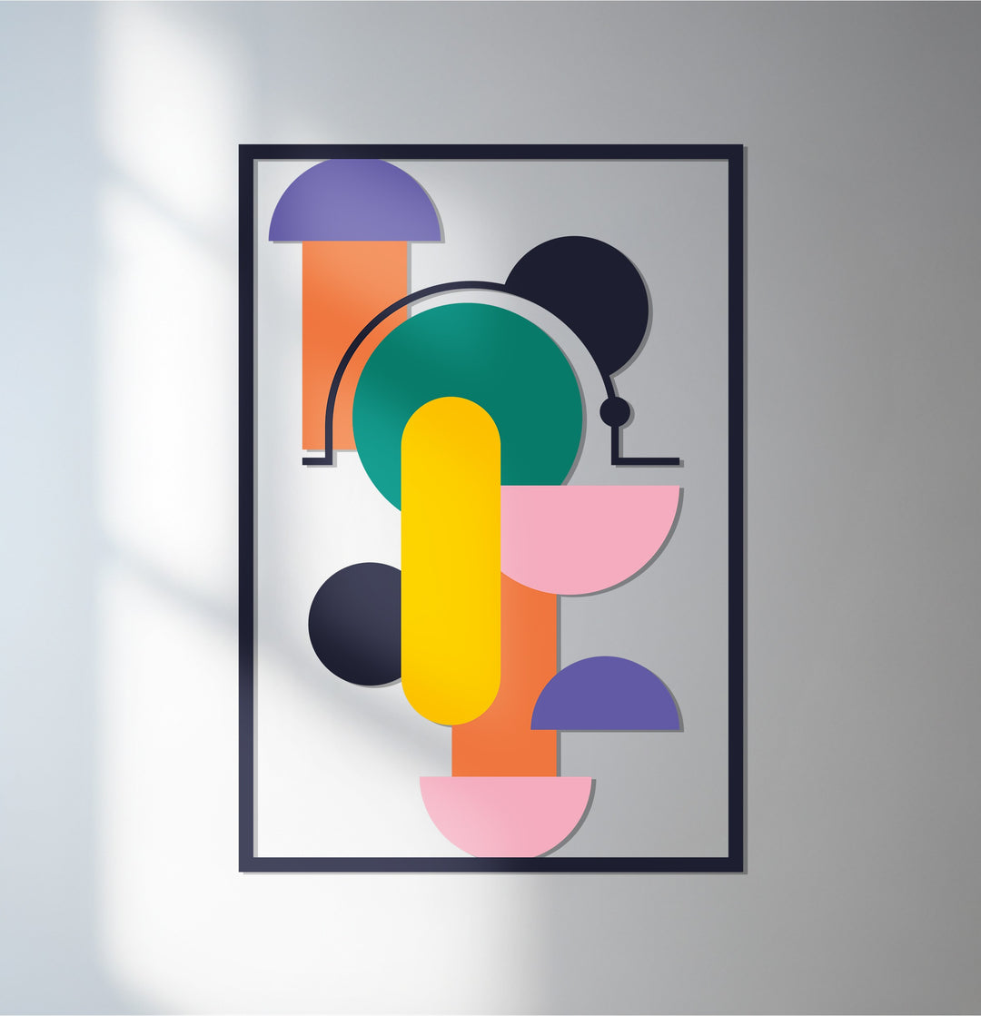 Modern geometric metal wall art with colorful shapes