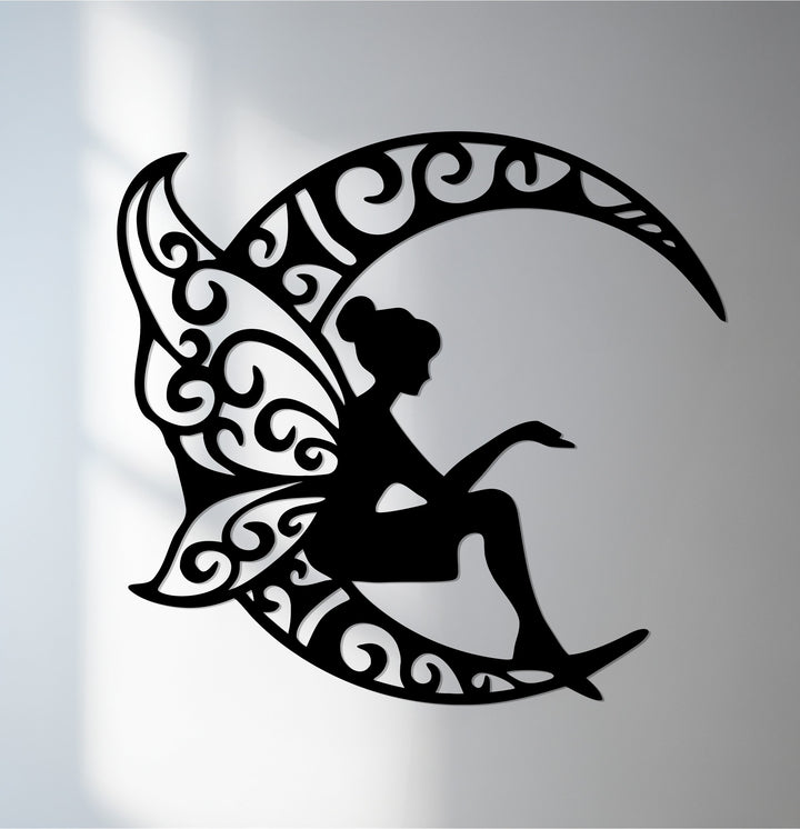 Fairy Metal Wall Art with crescent moon and ornate wings design