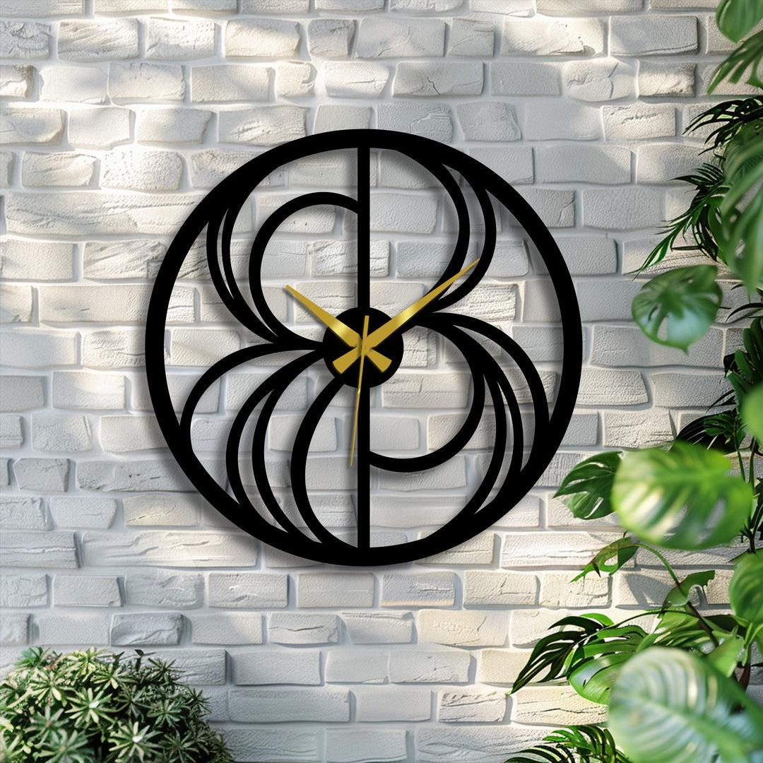 Black dominates this abstract swirl metal wall clock, a captivating decorative metal art piece with geometric designs and elegant gold hands, perfect for modern decor.