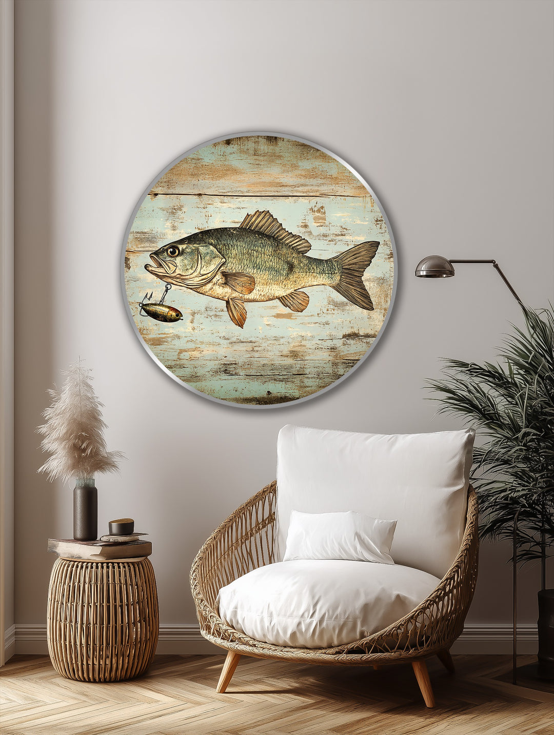 Rustic Catch – Pez lubina redondo vintage Cuadro al óleo