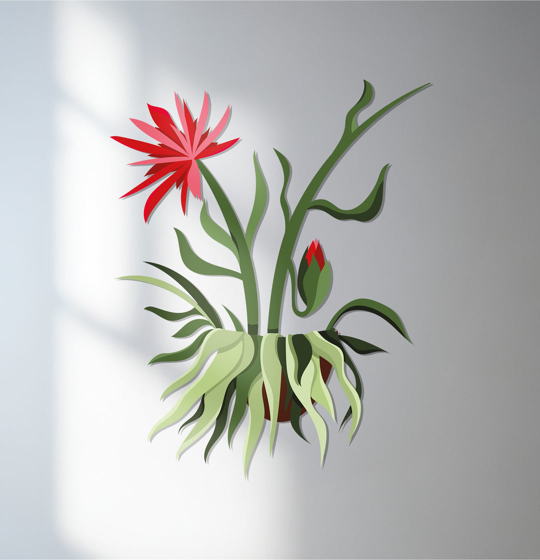 Vertical, square unique metal wall art depicts a red bloom hanging plant as a modern botanical piece of wall decor, adding a touch of artistry.