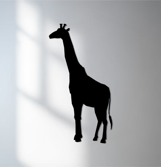 The smooth transition between colors defines this giraffe metal art for wall, a silhouette décor showcasing safari wildlife in a minimalist, metallic sheen.
