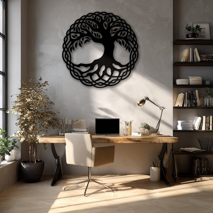An intricate Celtic Tree of Life circle, a unique metal wall art piece with roots and branches, against a textured wall.