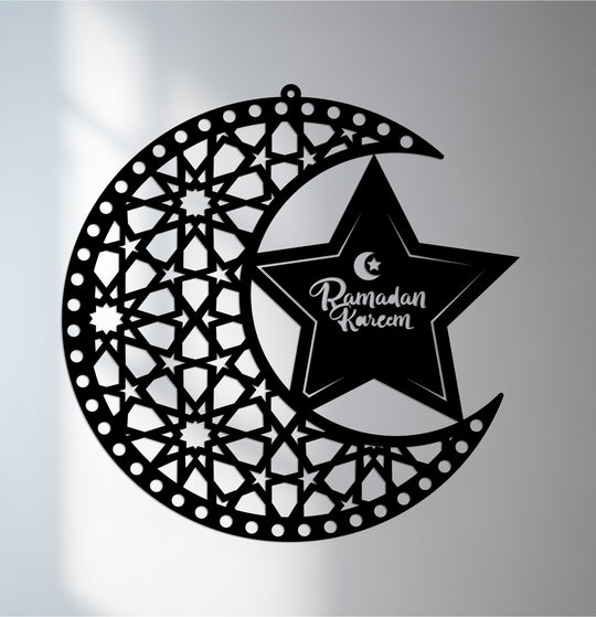 Cool color temperature highlights the shadow play within this decorative metal art, creating a stark contrast for the Ramadan Kareem crescent star wall art.