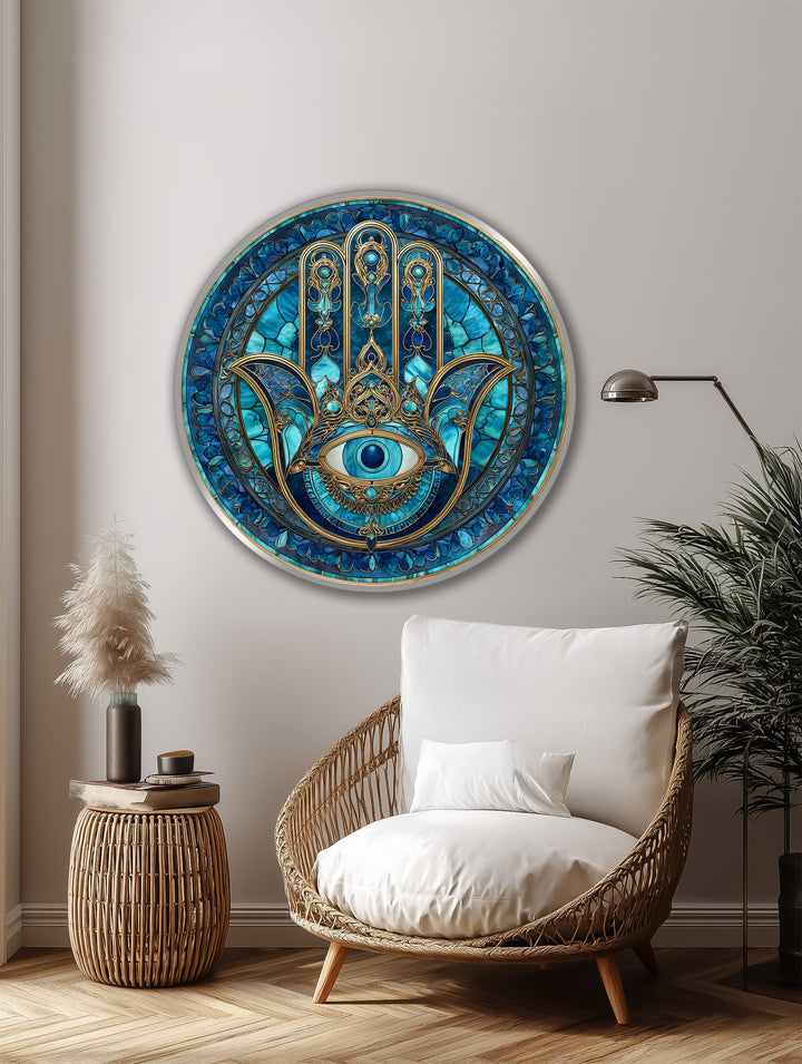 Visual rhythm is created in the protective eye round oil painting through the ornate Hamsa symbol with repeating blue patterns, ideal for oil painting home decor.